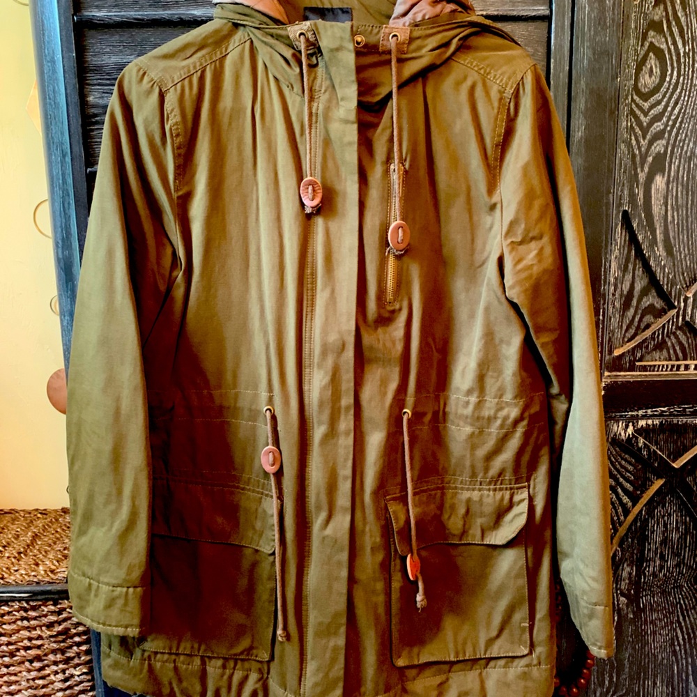 Olive green zip up utility jacket with hood